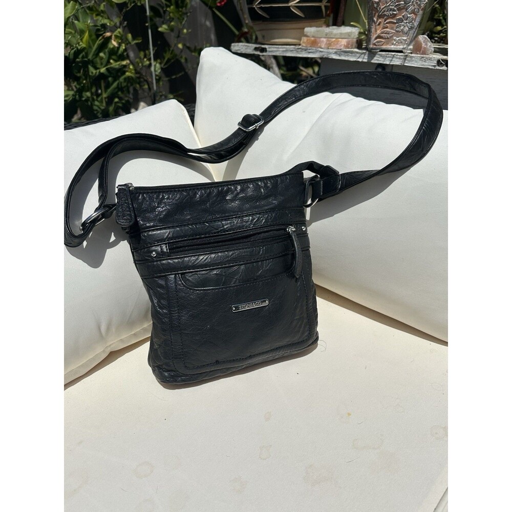 Stone & Co. Black Crossbody Bag Zip Closure Pockets Adjustable Strap Silver